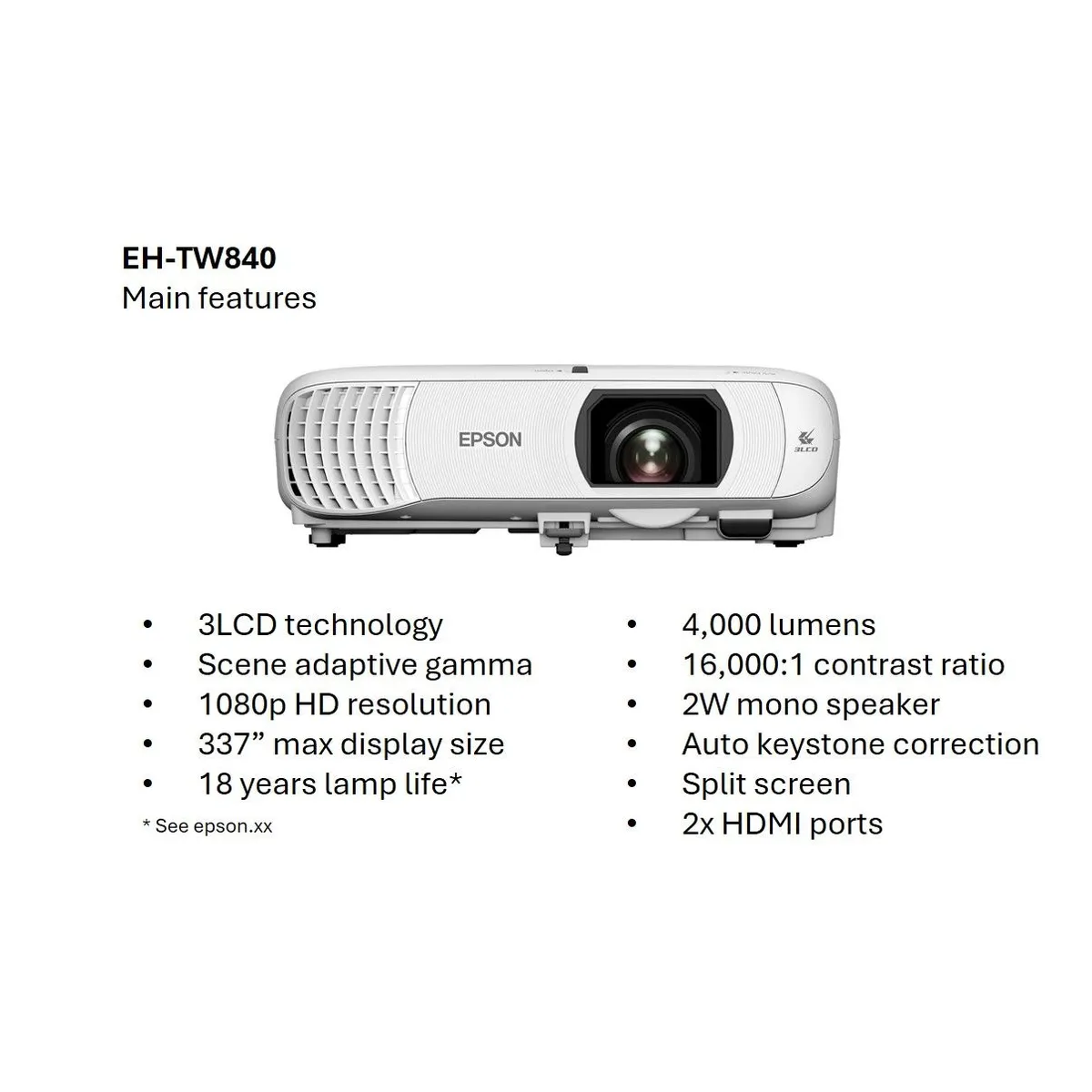 Epson V11HB63040 EH-TW840 3LCD 4000 lumen Full HD 2x HDMI USB-A USB-B 337" vetítés trapézkorrekció 30 2W hang #6