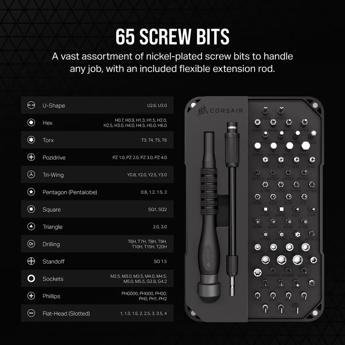 Corsair CC-9310003-WW PC DIY Precision Toolkit 65 darabos nikkelezett csavarhúzó készlet, hosszabbító, mágneses tál, sima forgású meghajtó sapka #3