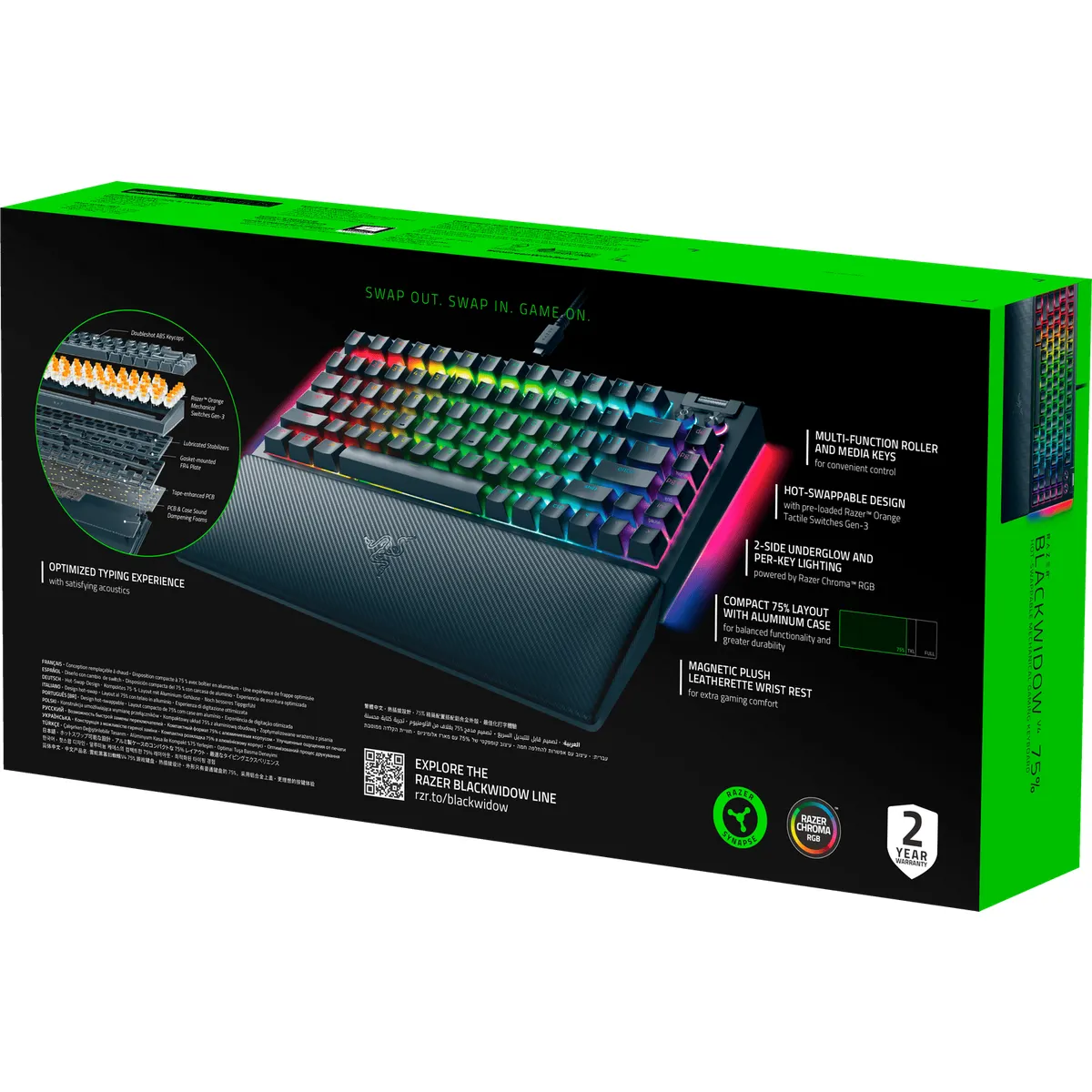 Razer RZ03-05000100-R3M1 BlackWidow V4 75 Üzem közben cserélhető kapcsolók USB-C alumínium felső burkolat Chroma RGB #3