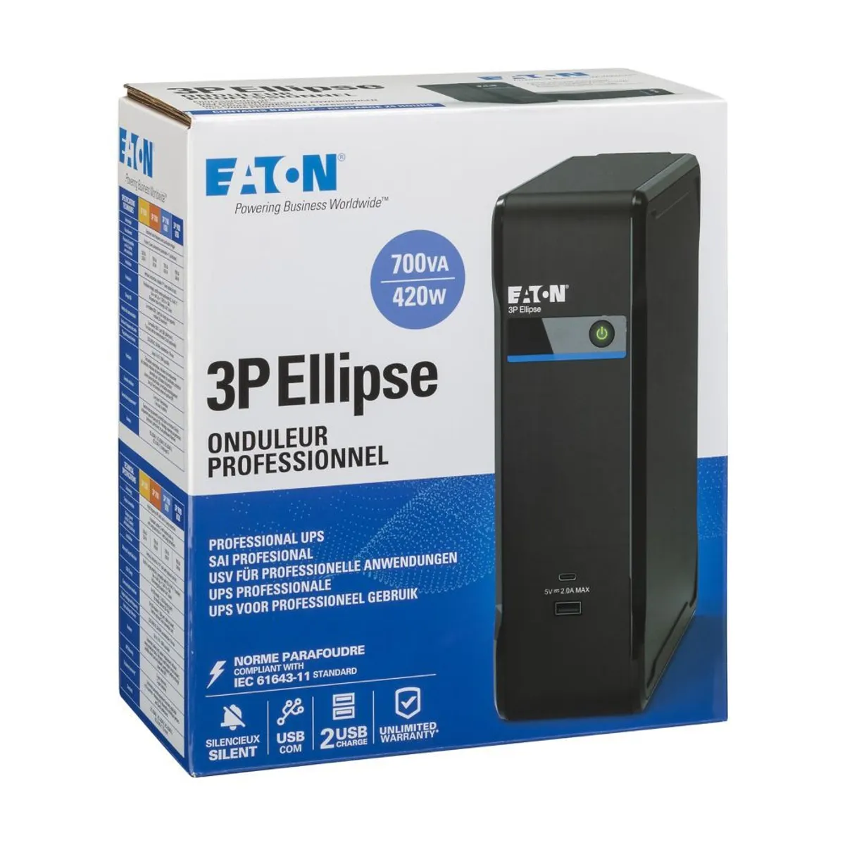 Eaton 3P700UD 3P Ellipse 700 USB DIN 700VA 420W C14 bemenet USB port 2 USB töltőportok A és C opcionális Cloud Card 22 perc áthidalási idő #4