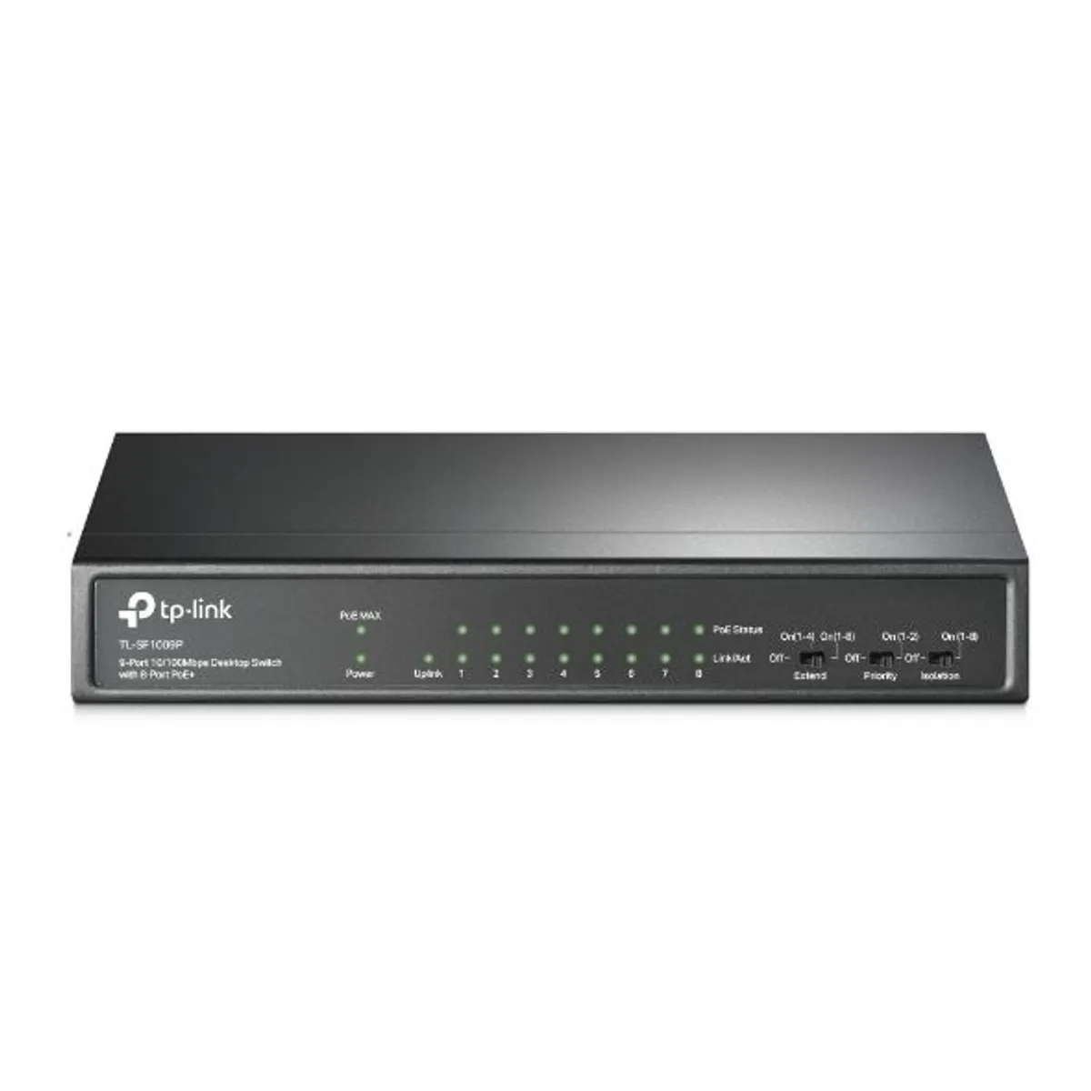 TP-Link TL-SF1009P 9-portos 10-100 Mbps PoE asztali switch 8 PoE Plus portok 1 nem PoE port 65 W Extend mód Prioritás mód Izolációs mód acél burkolat #1