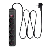 Akyga AK-SP-05U túlfeszültségvédő elosztó 5 aljzat, 2x USB-A, 10 A 250 V, ON-OFF kapcsoló, polipropilén