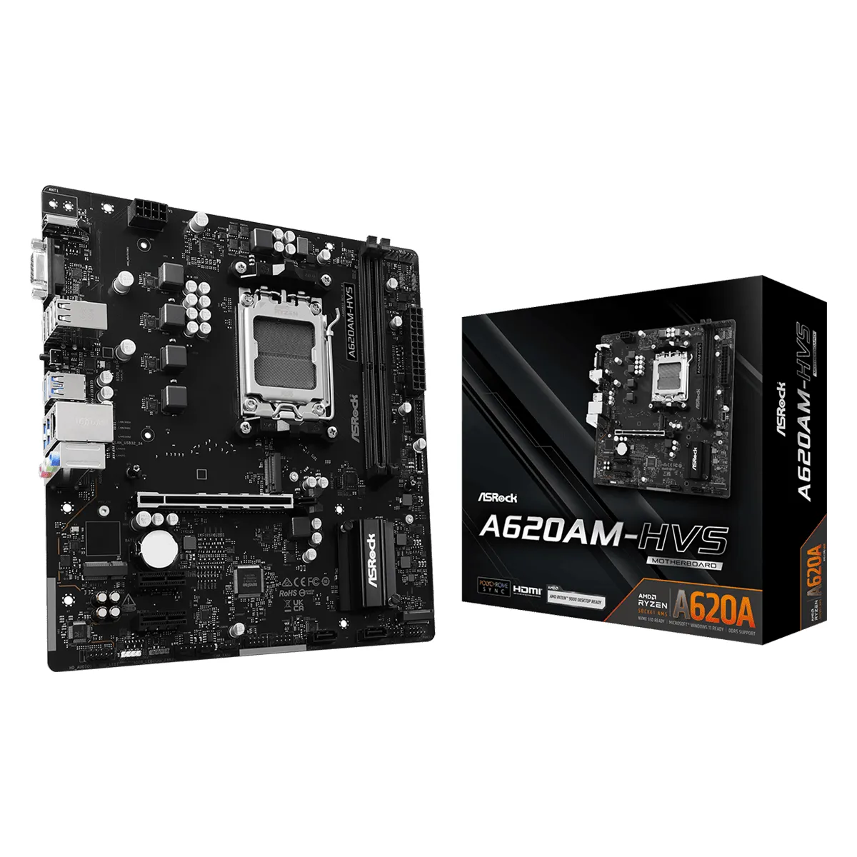 Asrock 90-MXBSR0-A0UAYZ AMD AM5 foglalat, A620AM-HVS DDR5 96 GB, 2x DIMM, PCIe 4.0 x16, PCIe 3.0 x1, M.2 Gen4 x4, 4x SATA3, USB 3.2 Gen1 Type-C #1