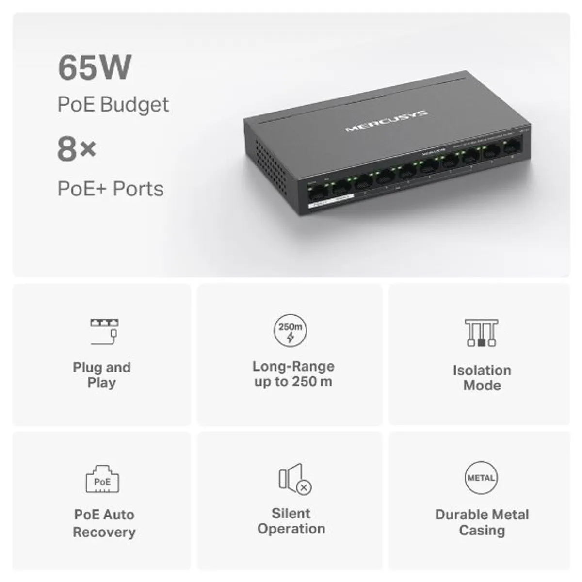 Mercusys MS110P 10-portos PoE switch 8 PoE portok 65 W 250 m fém ház #2