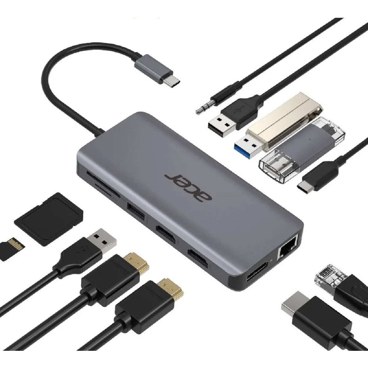 Acer HP.DSCAB.009 12-az-1 Type-C dokkoló 2x USB 3.2 Type-A 2x USB 2.0 Type-A 1x USB-C PD DisplayPort 2x HDMI 1.4 RJ-45 fejhallgató-hangszóró csatlakozó #1