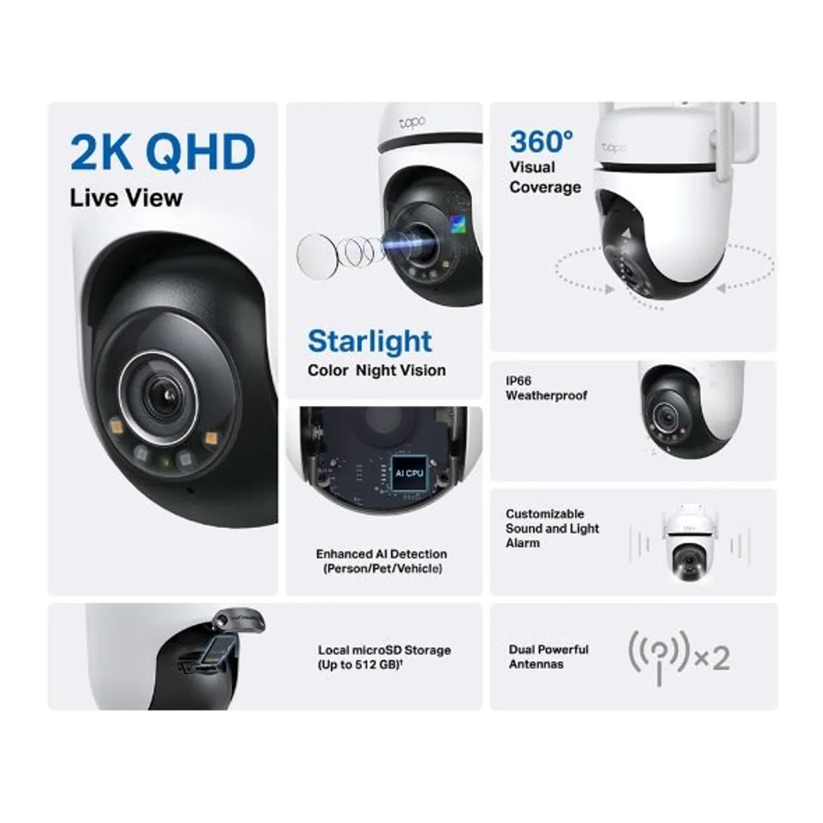 TP-Link TapoC520WS Tapo C520WS kültéri Pan Tilt 2K QHD Starlight AI észlelés IP66 microSD 512 GB kétirányú audio hangvezérlés Google Assistant Alexa #2