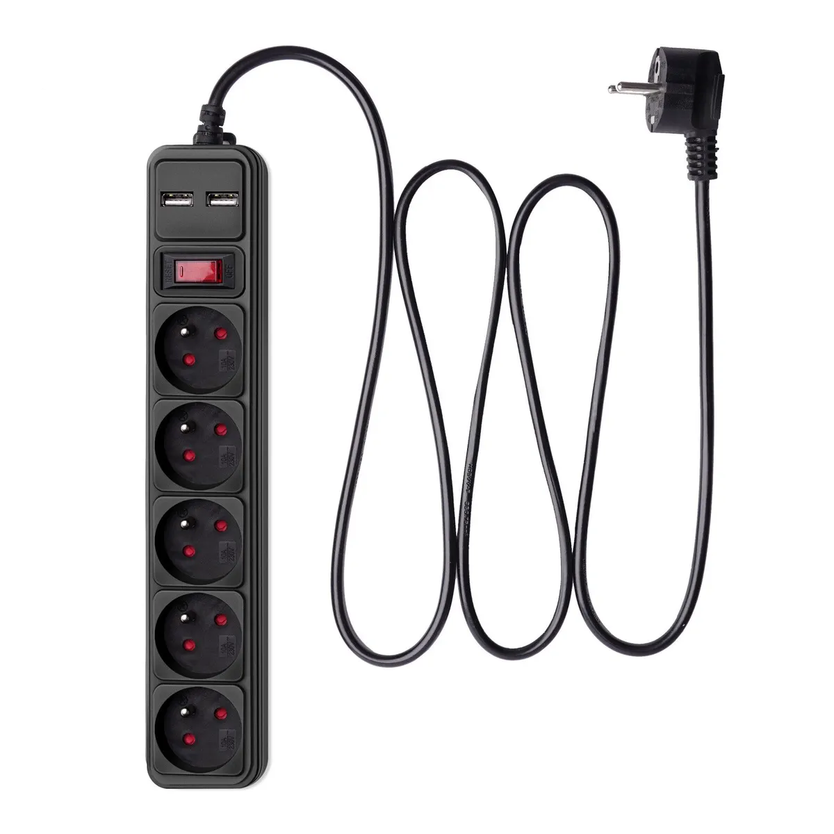 Akyga AK-SP-05U túlfeszültségvédő elosztó 5 aljzat, 2x USB-A, 10 A 250 V, ON-OFF kapcsoló, polipropilén #1