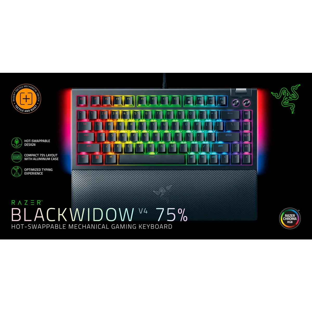 Razer RZ03-05000100-R3M1 BlackWidow V4 75 Üzem közben cserélhető kapcsolók USB-C alumínium felső burkolat Chroma RGB #1