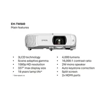 Epson V11HB63040 EH-TW840 3LCD 4000 lumen Full HD 2x HDMI USB-A USB-B 337" vetítés trapézkorrekció 30 2W hang #6